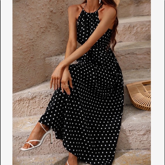 Boho Polka Dot Halter Maxi Dress Brown - Picture 12 of 13